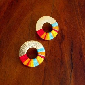 Handmade gold plated yellow blue thread earrings heavy new